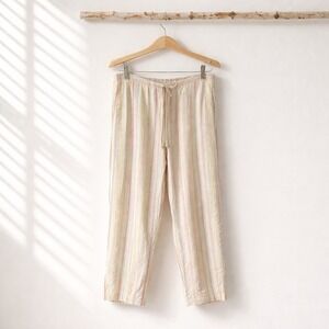 LL Bean Striped Linen Pants Drawstring Straight Leg Womens 10 Coastal Vacation